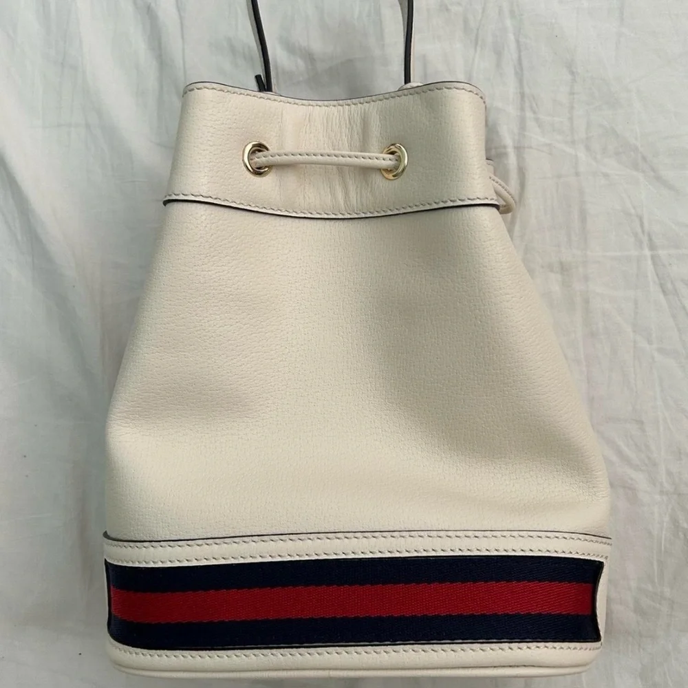 Gucci White Leather Drawstring Backpack with Red & Blue Stripe - Picture 3 of 7
